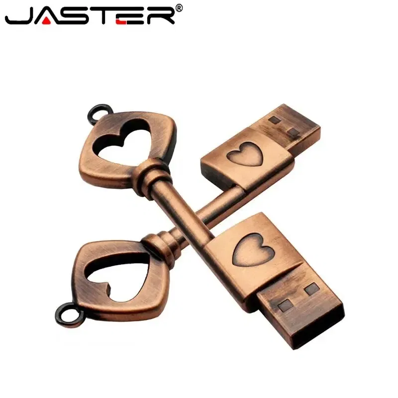 Capacity: 32GB, Color: WHITE - JASTER Copper Love Heart Shaped Key Usb Flash Drive Pendrive Pen Drive 32GB 64GB Metal Keys Memory Stick Creative Wedding Gift