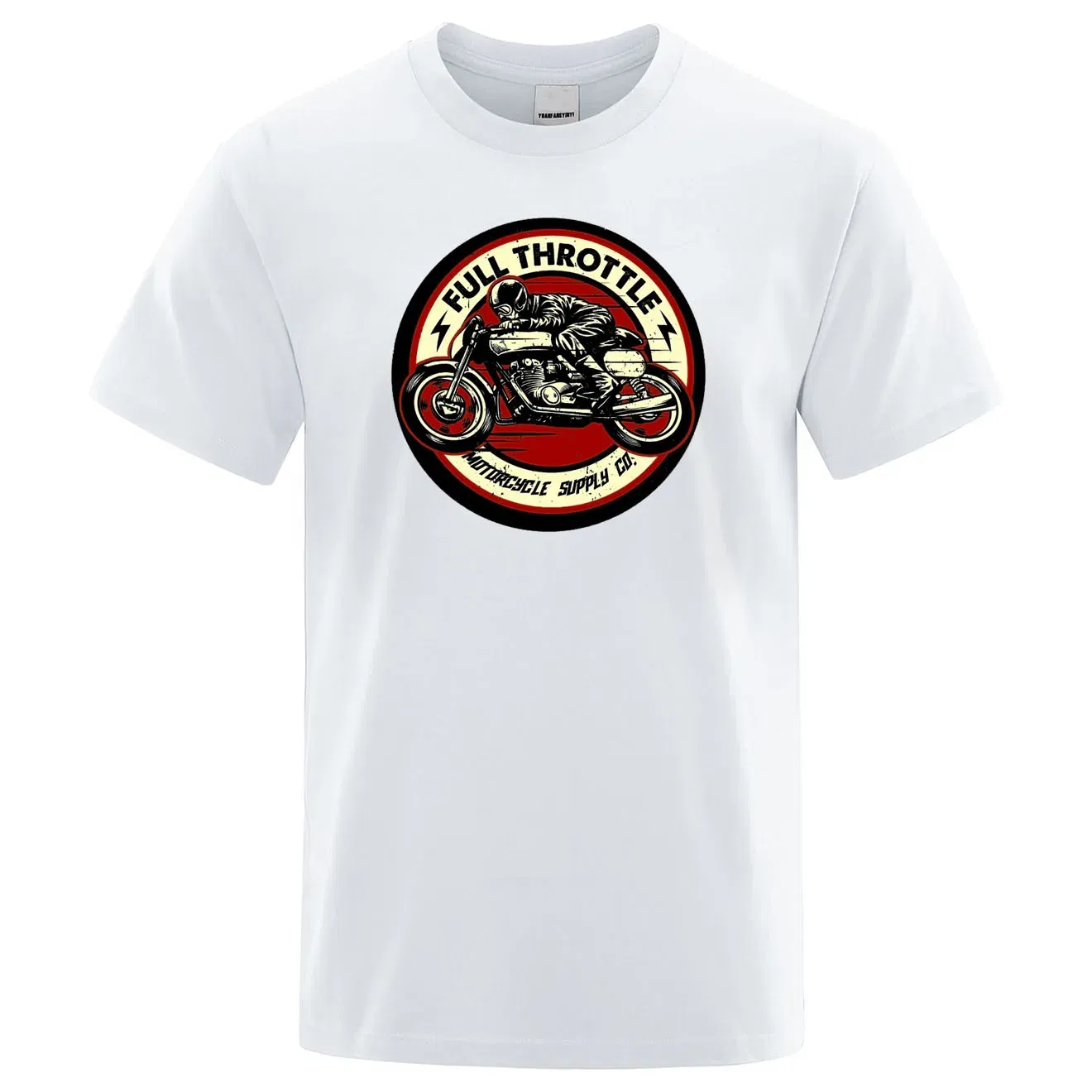 Color: WHITE, Size: L - Full Throttle Cafe Racer Rockabilly Biker Printed T-Shirt Men Fashion Casual Short Sleeve Loose Cotton Tshirt Summer Loose Tees