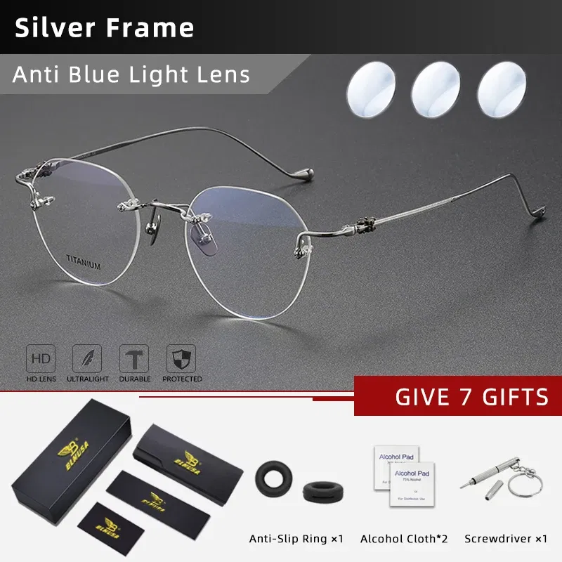 Frame Color: Blue, Eye Prescription: +100 - BLMUSA Pure Titanium Rimless Anti-blue Light Reading Glasses for Men Round Photochromic Optical Prescription with MR-8 lens