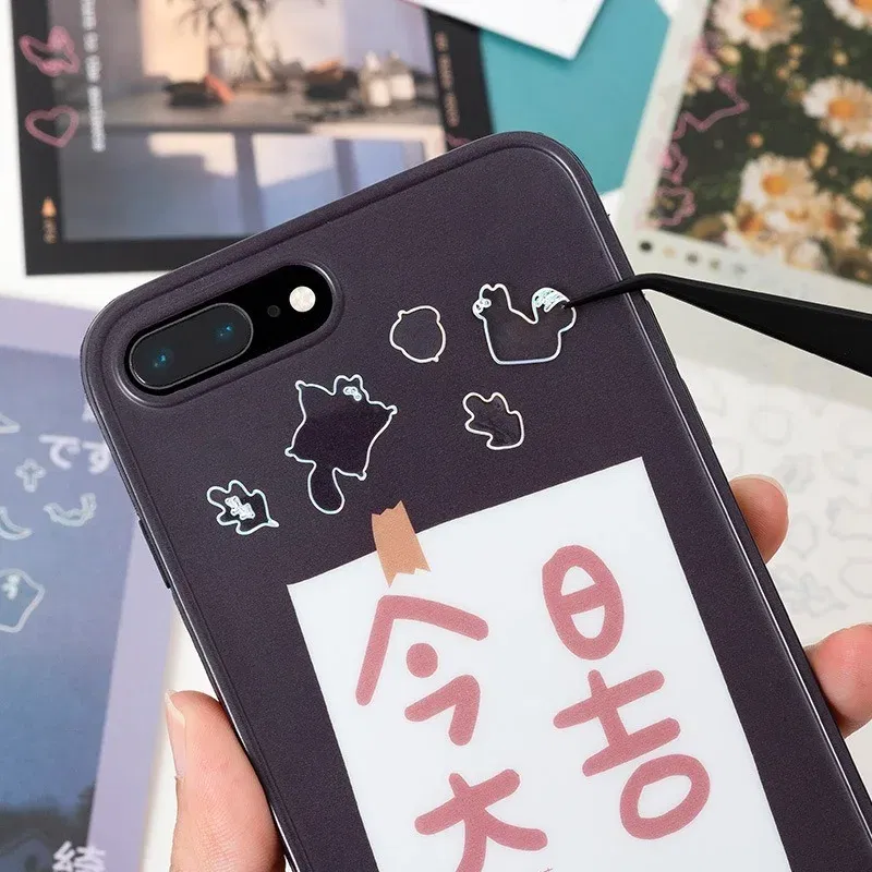 Color: Light Grey - 1 Sheet Transparent Flash Laser Line Stickers Decorative Stationery DIY Scrapbooking Material Pvc Stickers Cute Album Stick