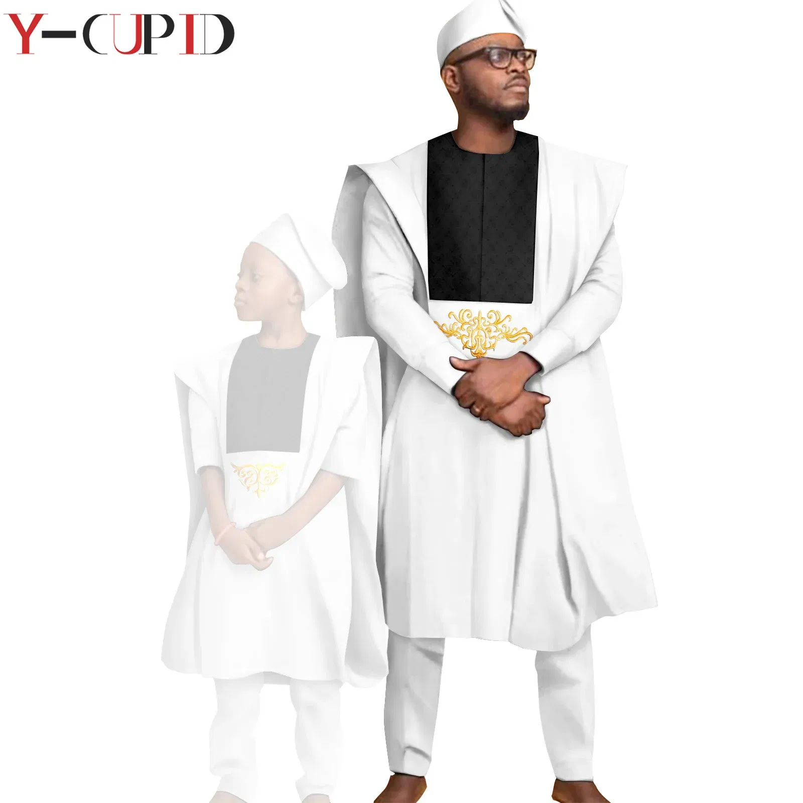 Color: Red, Size: Mother 4XL - African Clothes for Men Top Pants Robes Hat Sets Match Kid Boy Sets Dashiki Father and Son Bazin Riche Family Outfits Y20F001