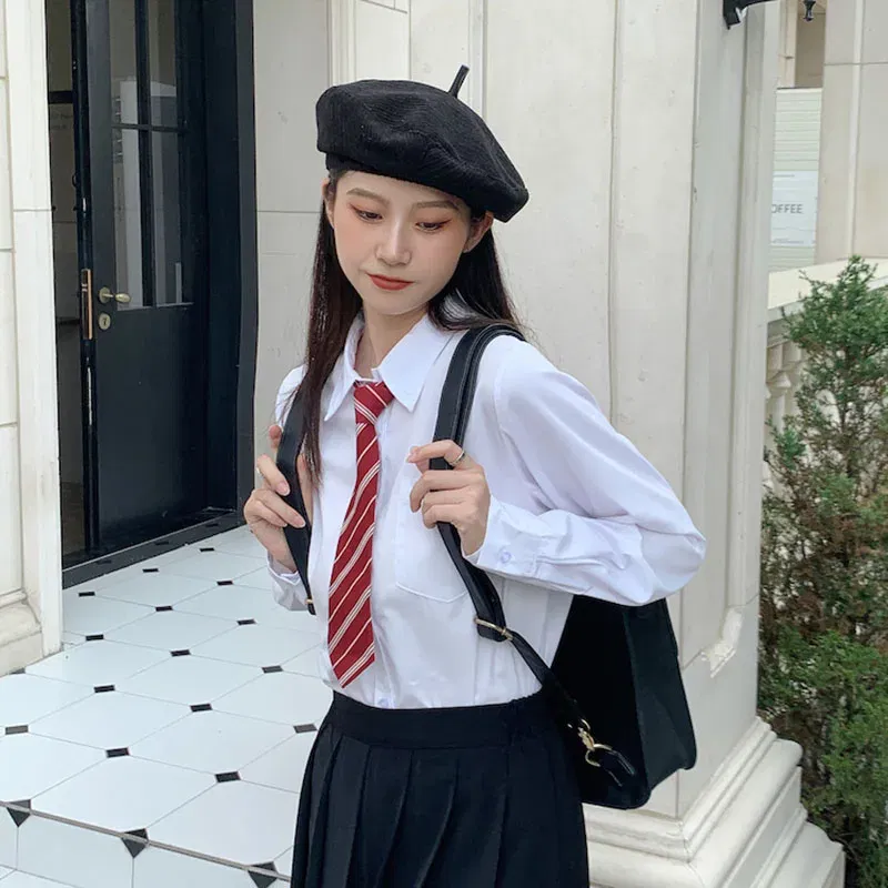 Color: WHITE, Size: XL - MEXZT Japanese Women Solid White Shirts Spring Jk Preppy Style Long Sleeve Student Blouse Fashion Button Female Pocket Tops New