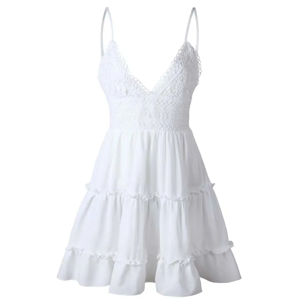Color: WHITE, Size: S, Ships From: CN - Summer A-Line Beach Dress Spaghetti Strap Lace Floral White Mini Dresses Ruffles Backless Holiday Sundresses Women Sundresses