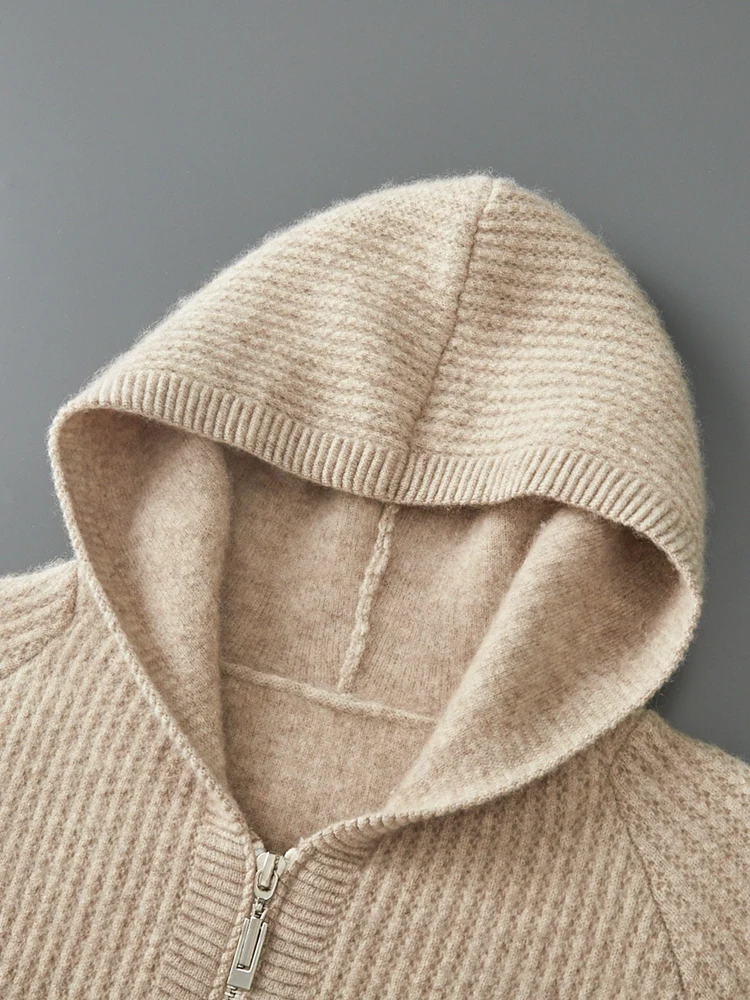 Color: Khaki, Size: XL - Daily Clothes Autumn Winter Sweater Men's Coat 100% Merino Wool Sweater Cardigan Knitted Jacket Thicked Hooded Outerwears Trend