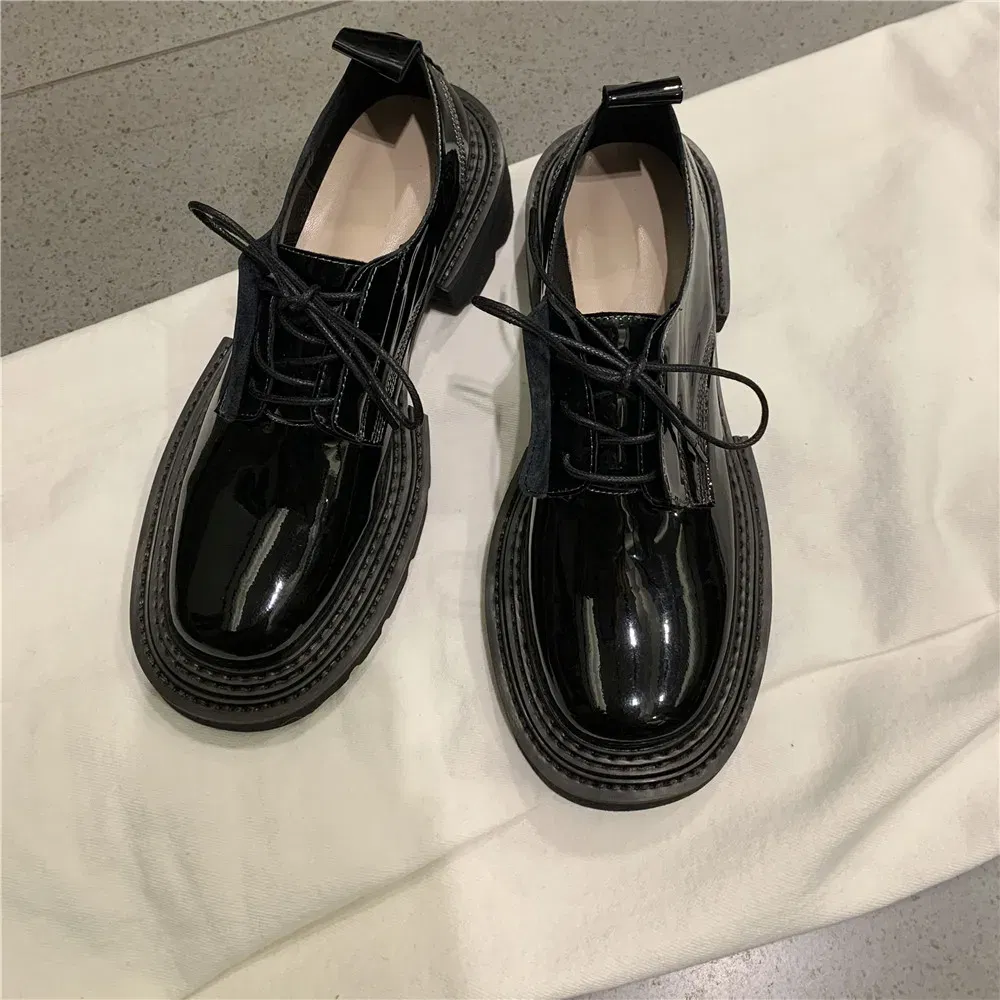Color: Beige, Shoe Size: 7 - MILI-MIYA New Arrival Thick Heels Women Cow Patent Leather Pumps Lace Up Round Toe Fashion Street Casual Shoes Size 34-42