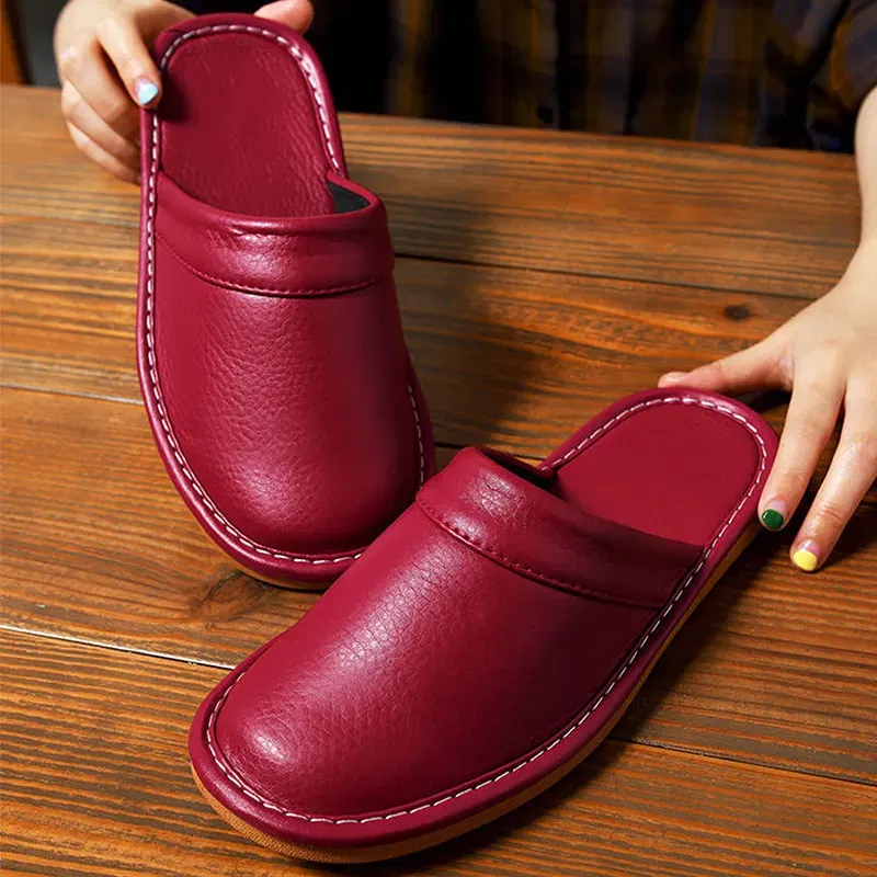 Color: Brown, Shoe Size: 6 - Mens Bedroom Leather Slippers Unisex Black Home Shoes Big Size 47 48 Man's Slippers Indoor Comfy Males Slides Family Flats Shoes