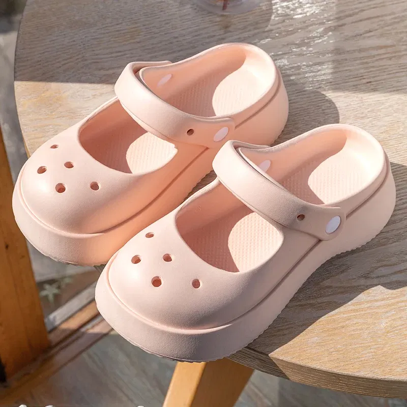 Color: Pink, Shoe Size: 37 - Summer Women Slippers Fashion Thick Bottom Hole Shoes EVA Slippers Anti Slip Baotou Slippers Outdoor Beach Sandals Slippers