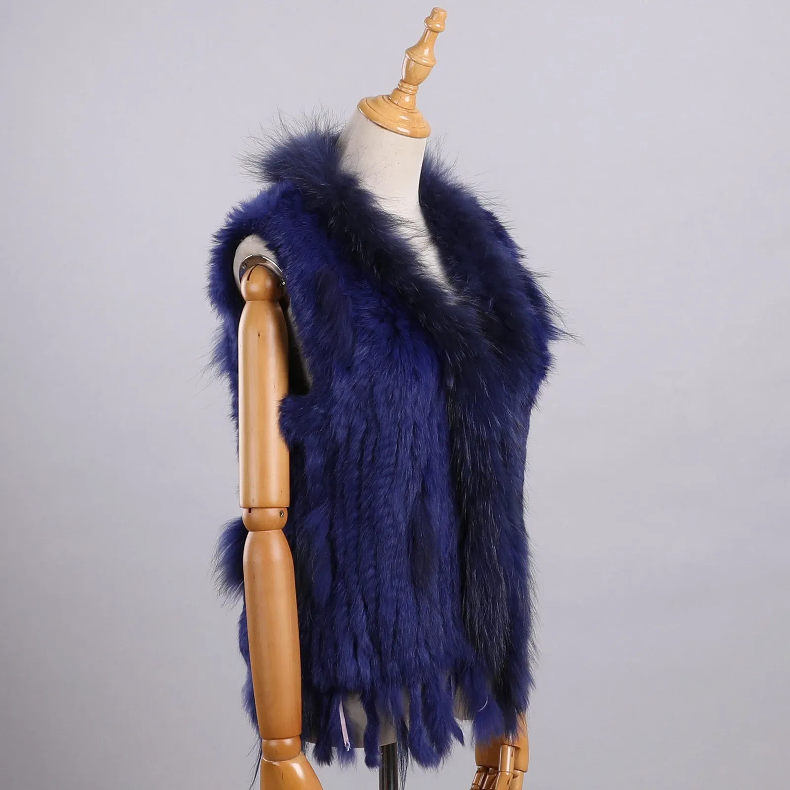 Color: ROYAL BLUE, Size: L - Luxury Women's Genuine Premium Long Hair Rabbit Fur Knit Vest Raccoon Fur Trim Gilet Lady Sleeveless Waistcoat Real Fur Jacket