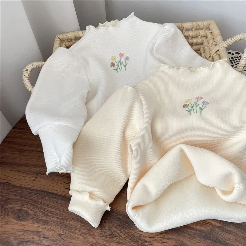 Color: Beige, Kid Size: 10 - Baby Girls Top Winter Kids Warm Thickening Sweater Children Puff Sleeve Flower Embroidery Bottom Shirt 1-6 Years Casual Clothing