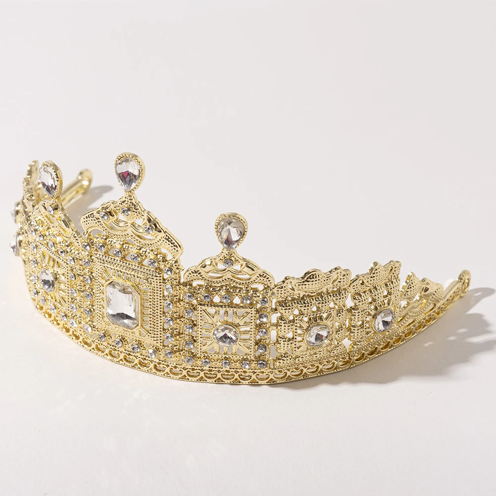 Metal color: Champagne gold - LUIZADA European Princess Queen Round Headdress Moroccan Bride Crystal Crown King Bride Headdress Wedding Hair Accessories