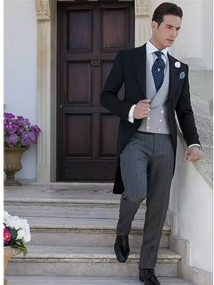 Color: black, Size: S - Black Long Tail Blazer 3 Pieces Gentleman Male Suit Men's Fashion Groom Tuxedo for Wedding Party Prom Jacket Vest with Pants