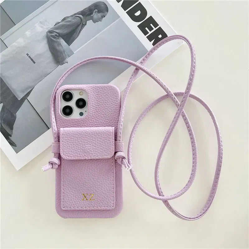Color: Lavender, Material: leather - Personalized Gold Silver Letters Leather PU Card Holder Lanyard Hard Case For iPhone 14 13 12 11 15 Pro Max XS XR 16 Plus Cover