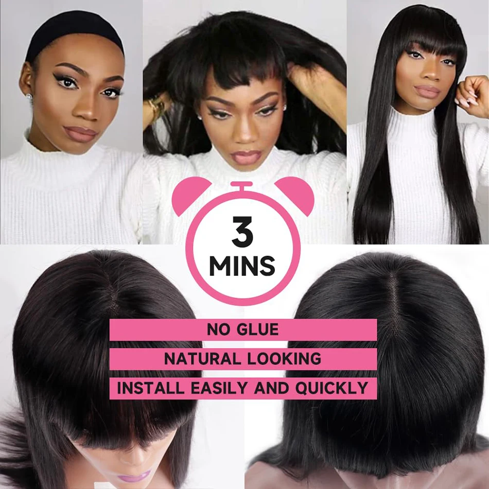 Stretched Length: 12INCHES, Hair Color: #270, Density: 120%, Ships From: CHINA - Wiggogo 3X1 Middle Part Lace Wig Bone Straight Human Hair Wig With Bangs Full Machine Made Straight Human Hair Wigs For Women