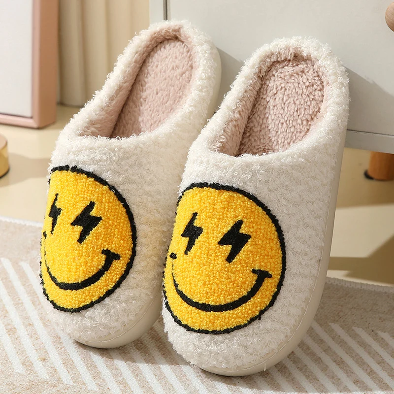 Color: WHITE, Shoe Size: 43 - Leopard Print Winter Slippers Women Lightning Smile Face Fluffy Fur Slippers Woman Indoor Anti-slip Furry Couple Cotton Slides
