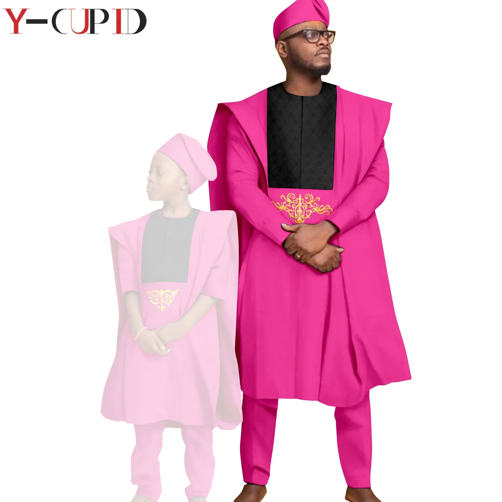 Color: green, Size: Mother 4XL - African Clothes for Men Top Pants Robes Hat Sets Match Kid Boy Sets Dashiki Father and Son Bazin Riche Family Outfits Y20F001