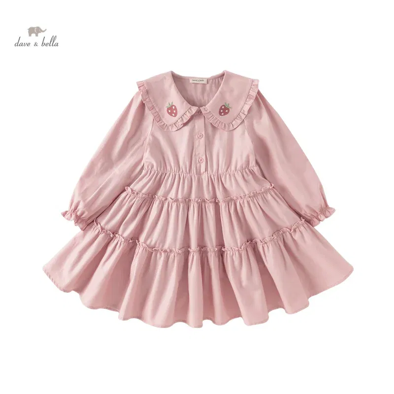 Color: Pink, Kid Size: 7 - Dave Bella Girl's Princess Dress Children 2024 New Spring Comfortable Casual Fashion Pure Cotton Sweet Gentle Pink DK1248025