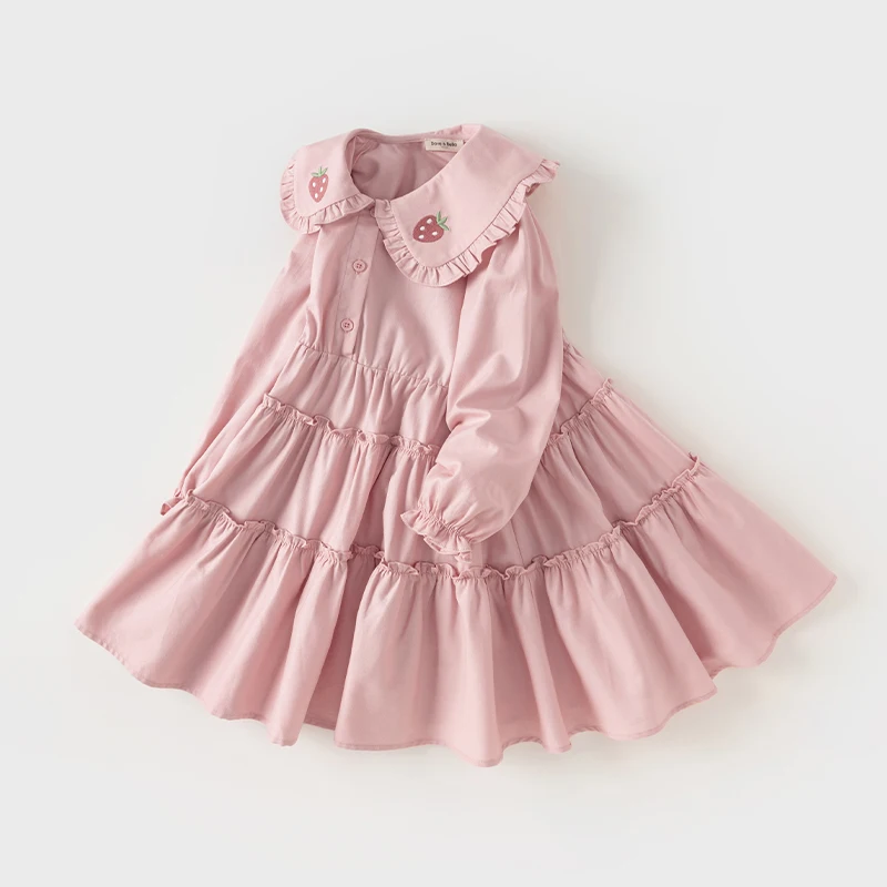 Color: Pink, Kid Size: 7 - Dave Bella Girl's Princess Dress Children 2024 New Spring Comfortable Casual Fashion Pure Cotton Sweet Gentle Pink DK1248025
