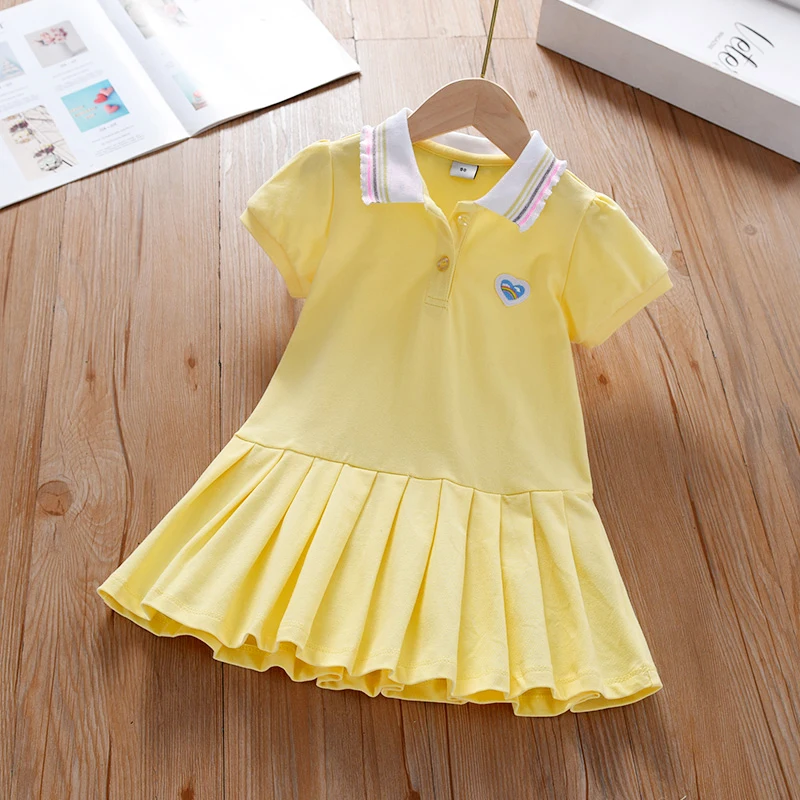 Color: Gold, Kid Size: 5 - Toddler Girls' Dress Ages 2-6 Yellow Collared Summer Cotton Clothes for Children Cute Casual Outfit