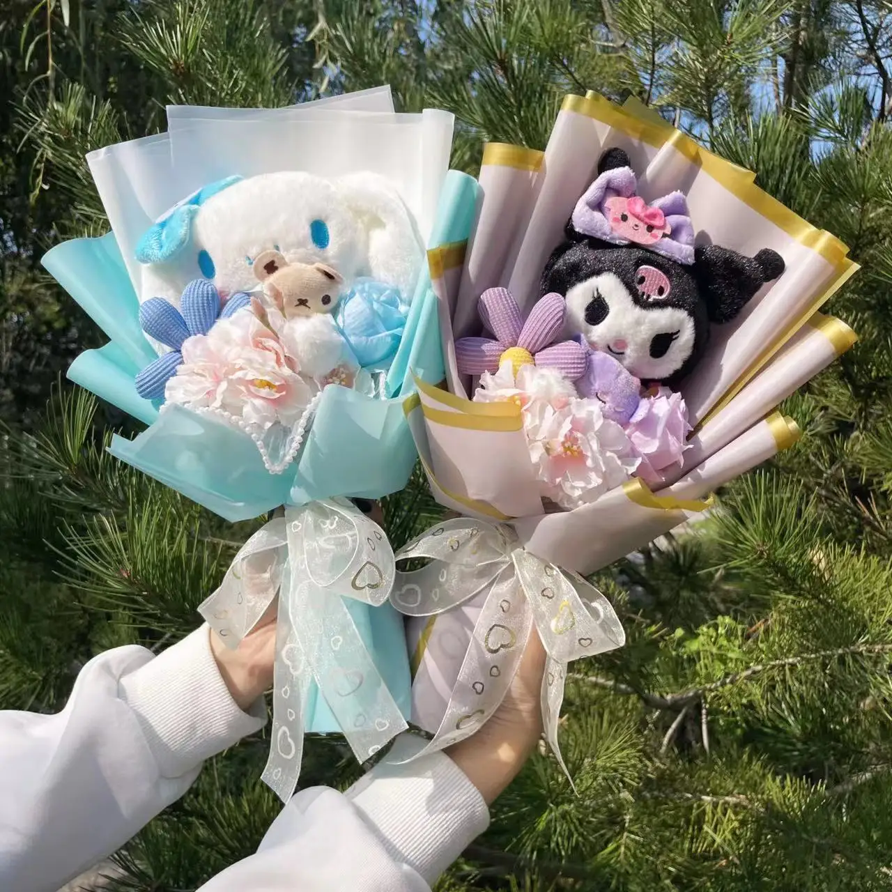 Color: green - My Melody Kuromi Cinnamoroll Hello Kitty Plush Doll Toys Creative Handmade Sanrio Bouquet Valentine Christmas Graduation Gifts