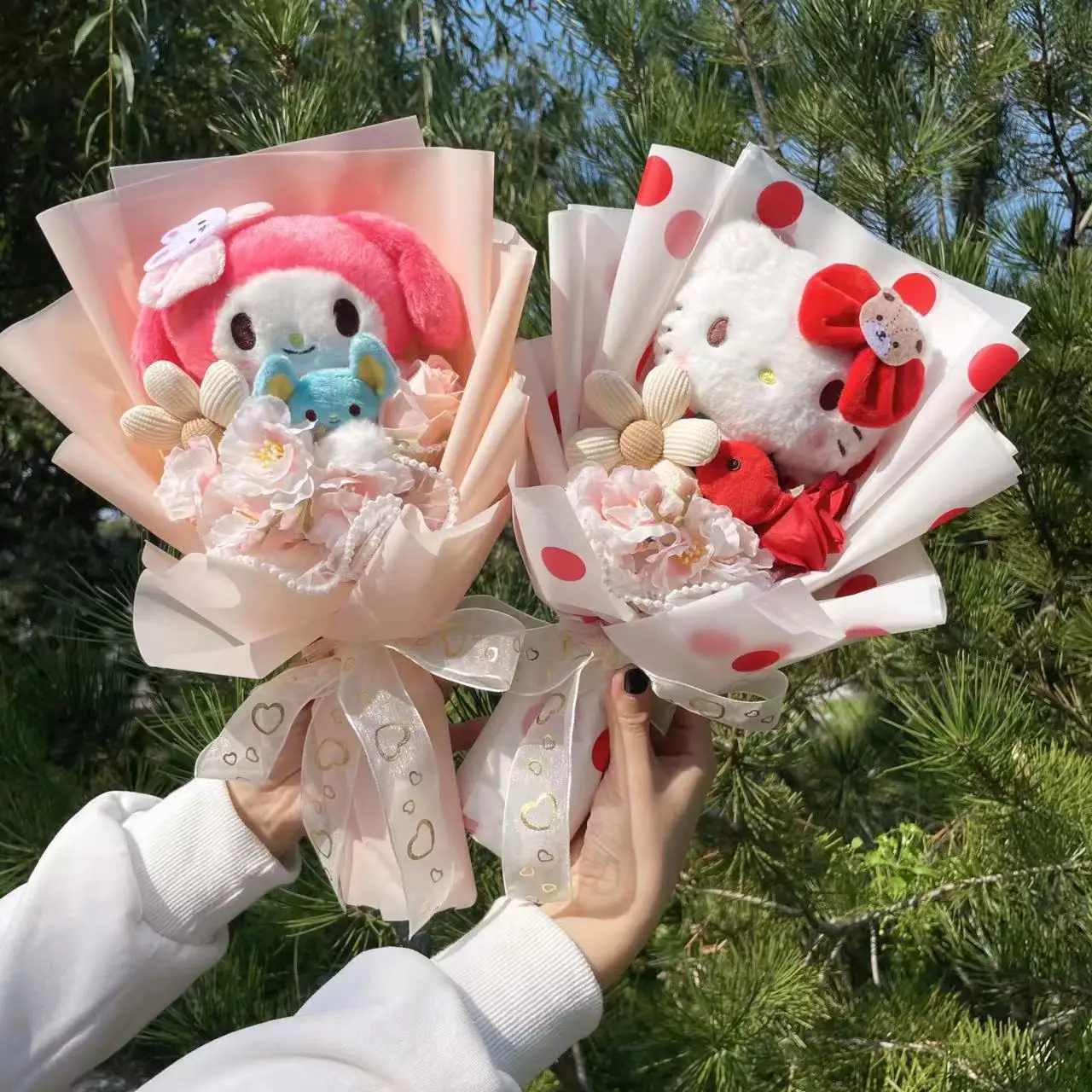Color: green - My Melody Kuromi Cinnamoroll Hello Kitty Plush Doll Toys Creative Handmade Sanrio Bouquet Valentine Christmas Graduation Gifts