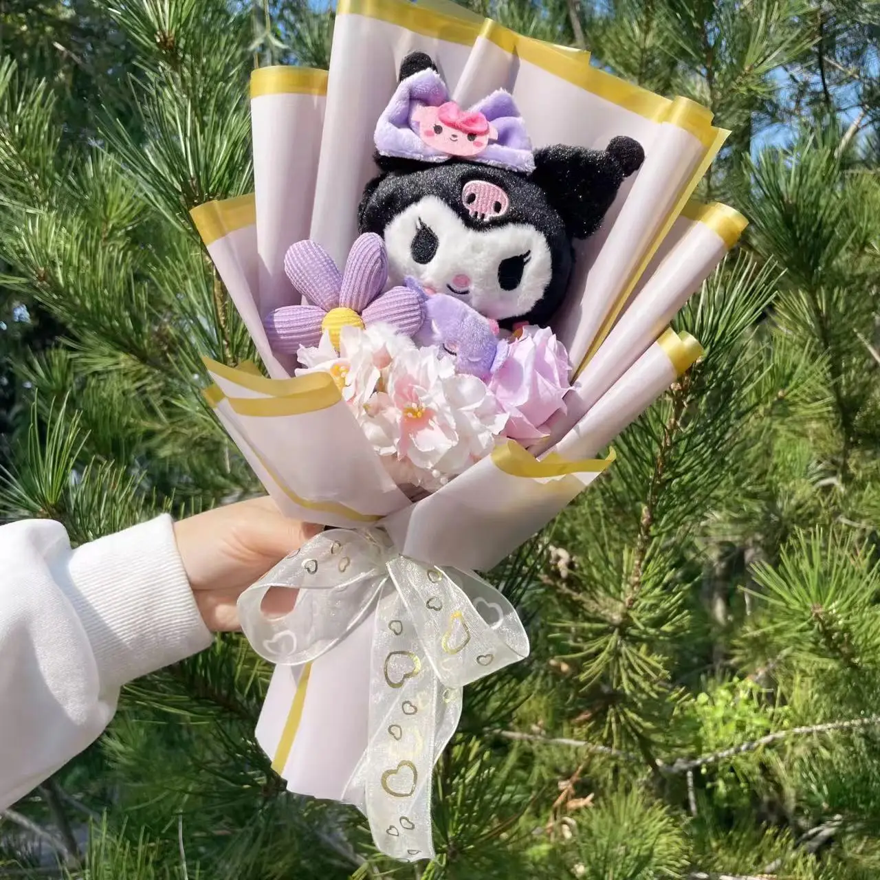 Color: green - My Melody Kuromi Cinnamoroll Hello Kitty Plush Doll Toys Creative Handmade Sanrio Bouquet Valentine Christmas Graduation Gifts