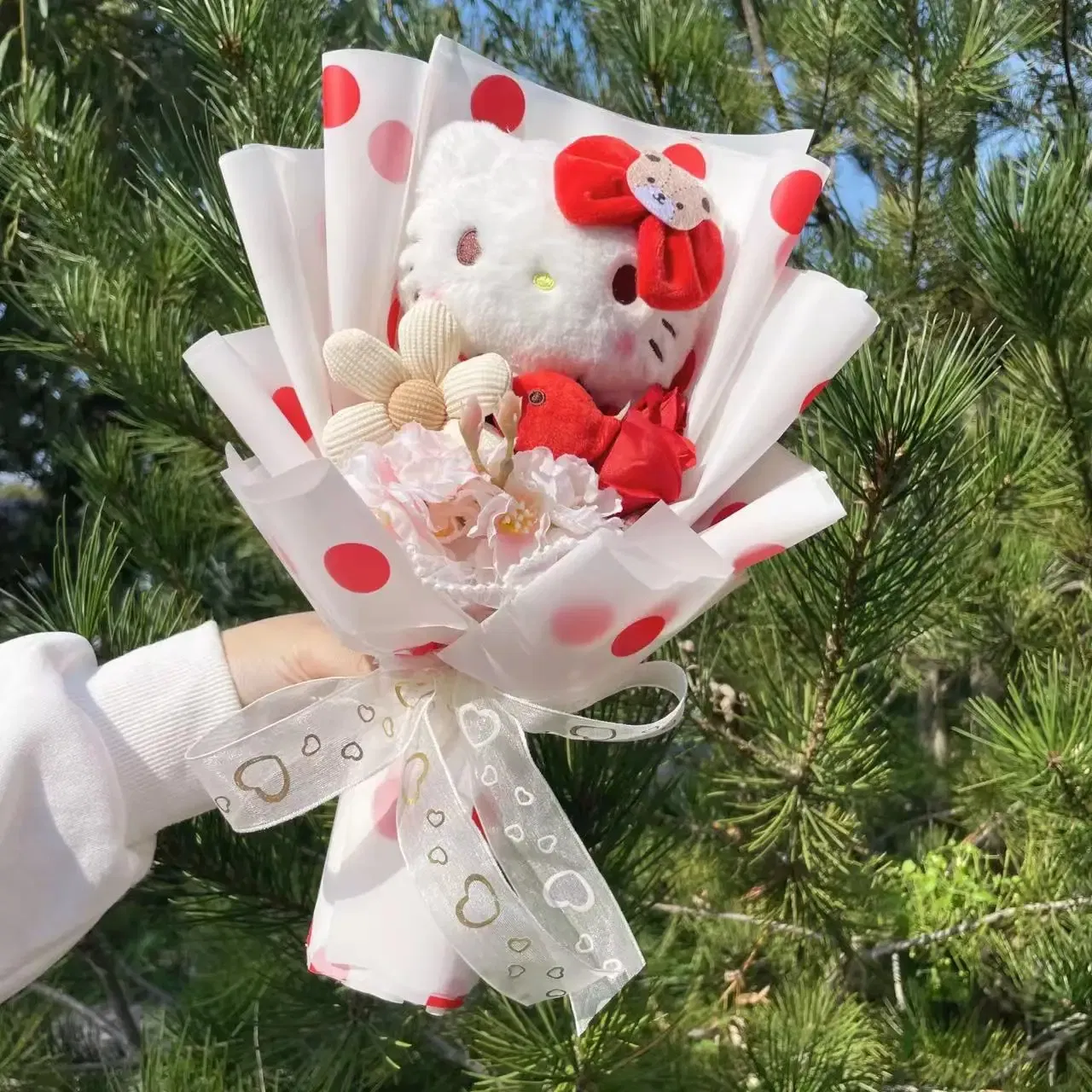 Color: green - My Melody Kuromi Cinnamoroll Hello Kitty Plush Doll Toys Creative Handmade Sanrio Bouquet Valentine Christmas Graduation Gifts