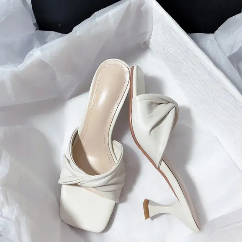 Color: light yellow, Shoe Size: 40 - Fashion Summer Women Shoes New Handmade Square Open Toe High Heels Outdoor Fashion Slippers Apricot Off White