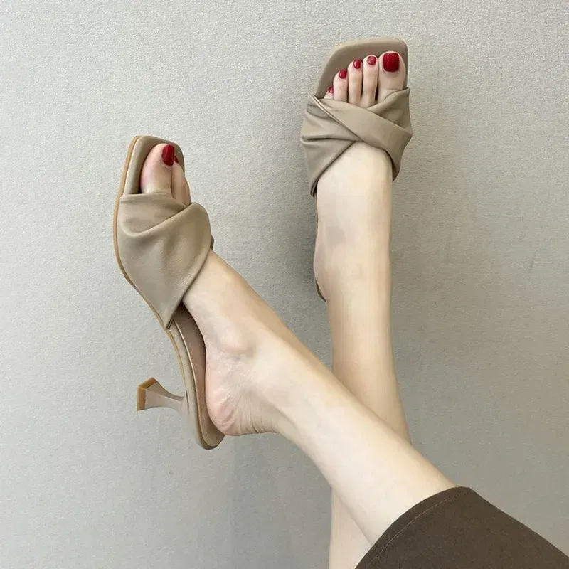 Color: light yellow, Shoe Size: 40 - Fashion Summer Women Shoes New Handmade Square Open Toe High Heels Outdoor Fashion Slippers Apricot Off White