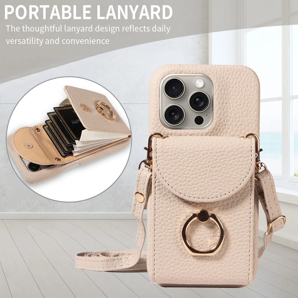 Color: Beige, Compatible-Phone Models: For iPhone 15, Bundle: Case & Strap, Material: Artificial Leather - High Quality Ring Stand Lychee Pattern Phone Case for IPhone16promax15 14 13 Crossbody with Lanyard PU Leather Anti-fall Cover