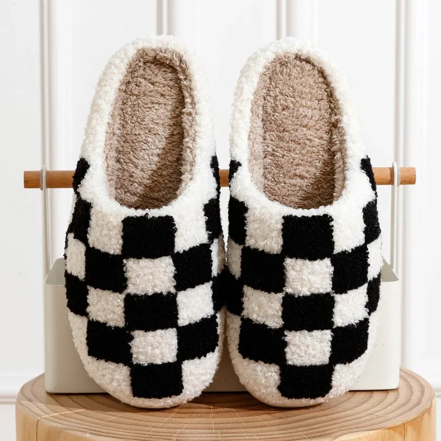 Color: Blue, Shoe Size: 4 - New Fuzzy Slippers Fashion Checker Indoor Embroidery Houseshoes Cozy Woman Winter Fluffy House Retro Checkered Print Shoes