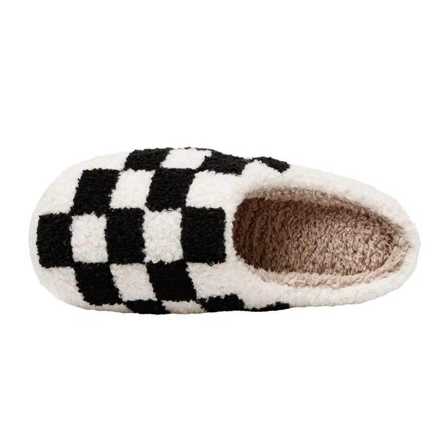 Color: Blue, Shoe Size: 4 - New Fuzzy Slippers Fashion Checker Indoor Embroidery Houseshoes Cozy Woman Winter Fluffy House Retro Checkered Print Shoes