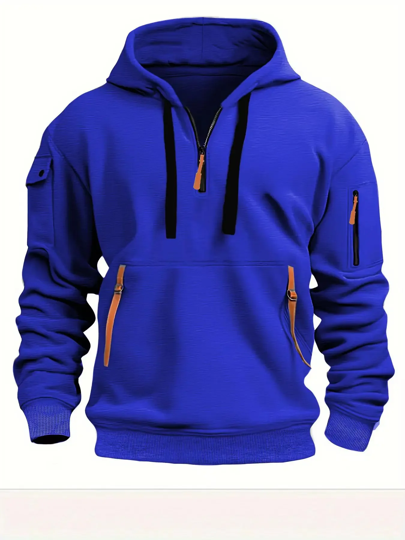 Color: Blue, Size: XXL, Sale by Pack: Pack of 1, Ships From: CHINA - New hoodie men zipper multi pocket hoodie Spring  Winter Fleece Warm Sweatshirt Fashion Streetwear Sports Hoody Solid Pullover