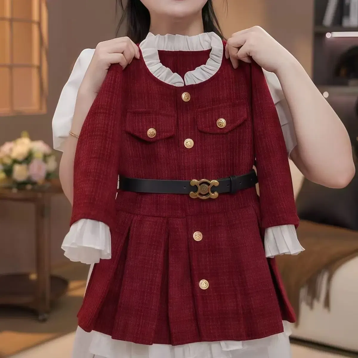 Color: Red, Kid Size: 7T - 2025 Fall Winter Girls' Fleece-Lined Dress Plush Cotton Padded Party Dress Chic Tweed A-Line Outfit Warm Elegant Toddler Gown