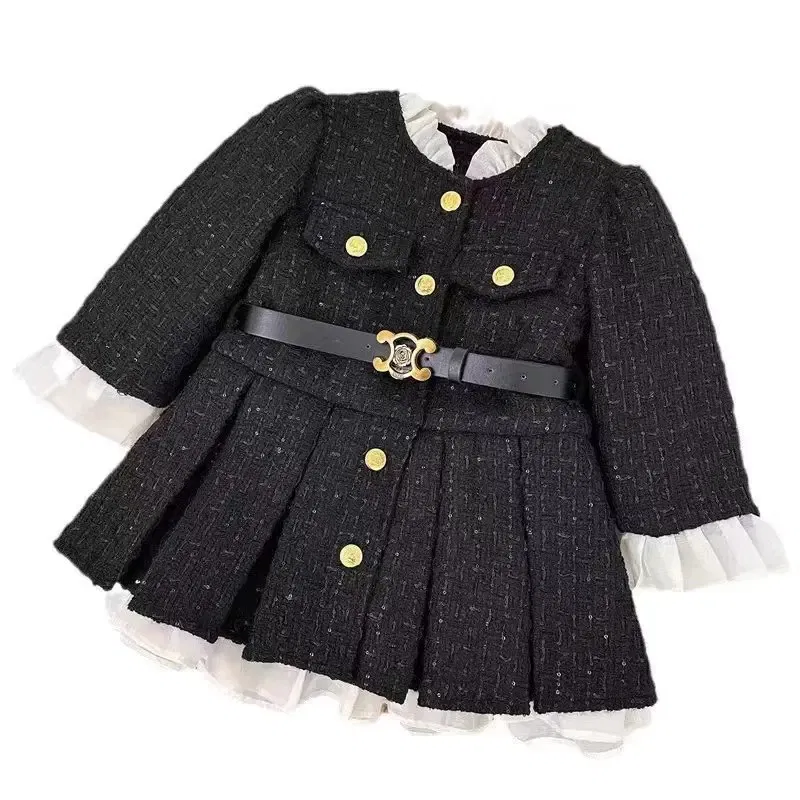 Color: Red, Kid Size: 7T - 2025 Fall Winter Girls' Fleece-Lined Dress Plush Cotton Padded Party Dress Chic Tweed A-Line Outfit Warm Elegant Toddler Gown