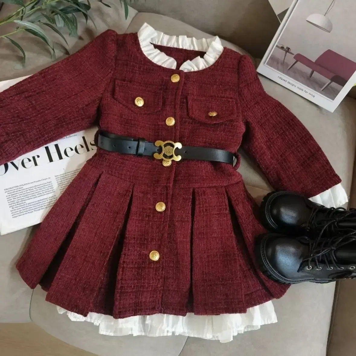 Color: Red, Kid Size: 7T - 2025 Fall Winter Girls' Fleece-Lined Dress Plush Cotton Padded Party Dress Chic Tweed A-Line Outfit Warm Elegant Toddler Gown