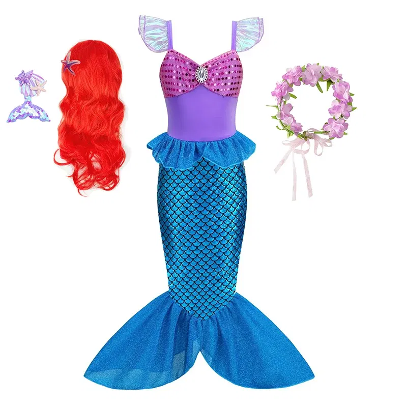 Color: Dark Grey, Kid Size: 4T - Disney Little Mermaid Ariel Costumes for Girls Princess Dress Cosplay Halloween Carnival Kids Birthday Party Dress Up Clothing