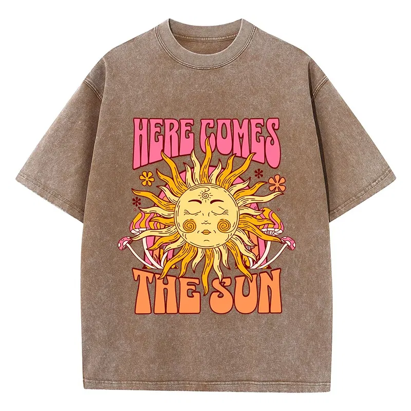 Color: green, Size: XL - Oversize Women's Washed T-Shirt Cotton Here Comes The Sun Prints T Shirts Casual O-Neck Short Sleeve Tops Loose Women's Clothes