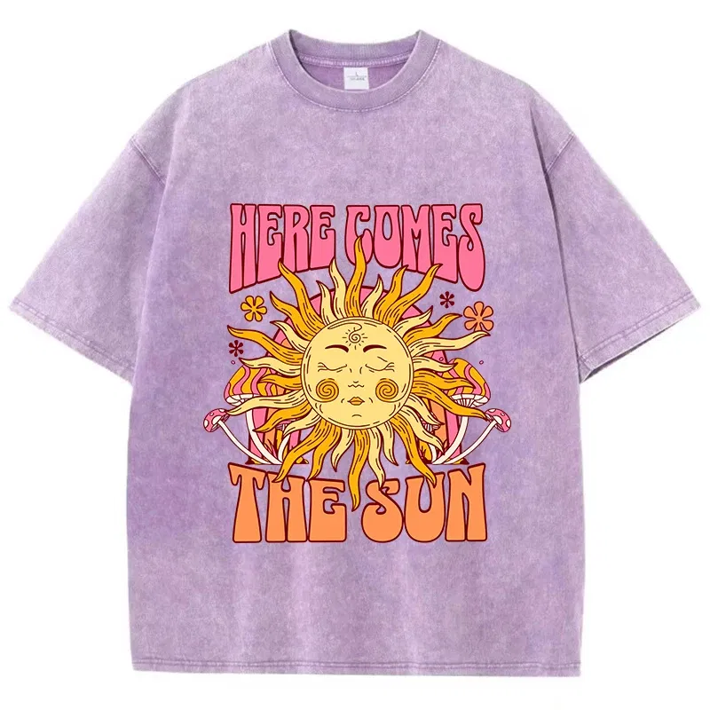 Color: green, Size: XL - Oversize Women's Washed T-Shirt Cotton Here Comes The Sun Prints T Shirts Casual O-Neck Short Sleeve Tops Loose Women's Clothes
