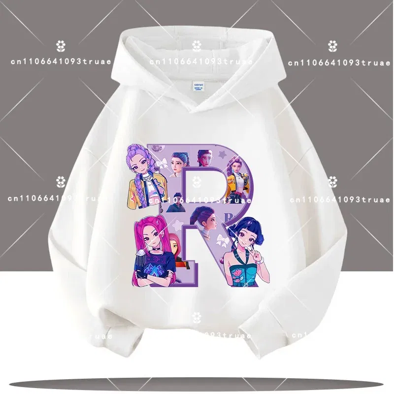 Color: Pink, Kid Size: 9 - K-pop Demon Hunters Letter A-Z 3-12 Year Old Children Hooded Sweatshirt Girls' Casual Shirt Boys' Sports Shirt Cartoon Print