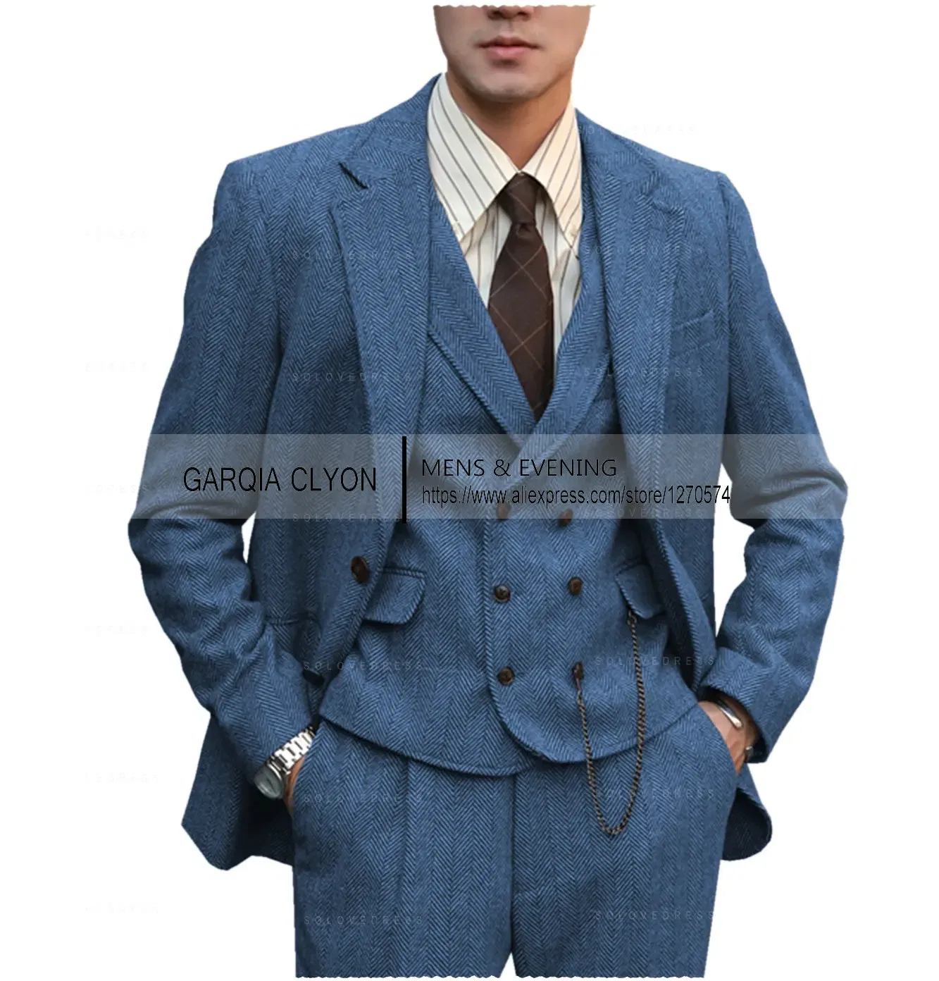 Color: Blue, Size: S - Tweed Herringbone 3 Pieces Herringbone Men's Business Suits Single Breasted Slim Fit Groom Formal Suits?€Blazer+vest+Pants?‰