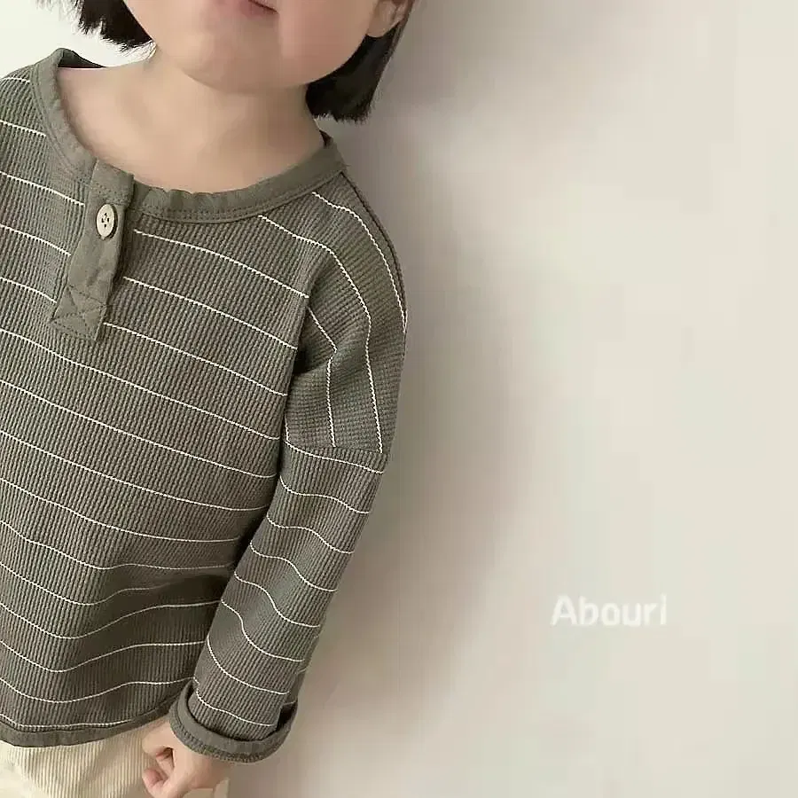 Color: Beige, Kid Size: 4 - Korean Children's Striped T-shirt 2024 Spring Boys and Girls' Long Sleeve T-shirt Bottom Shirt Baby Loose Top