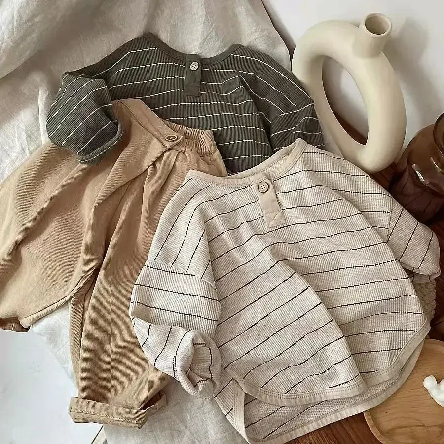 Color: Beige, Kid Size: 4 - Korean Children's Striped T-shirt 2024 Spring Boys and Girls' Long Sleeve T-shirt Bottom Shirt Baby Loose Top