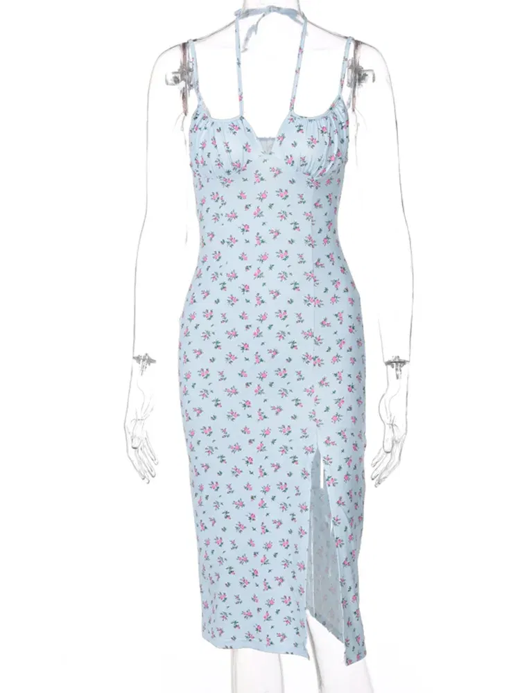 Color: Blue, Size: L - Hugcitar 2023 Sleeveless Satin Slip Floral Ruched Bandage Cut Out Maxi Dress Summer Women Fashion Sexy Party Club Robe Kpytomoa