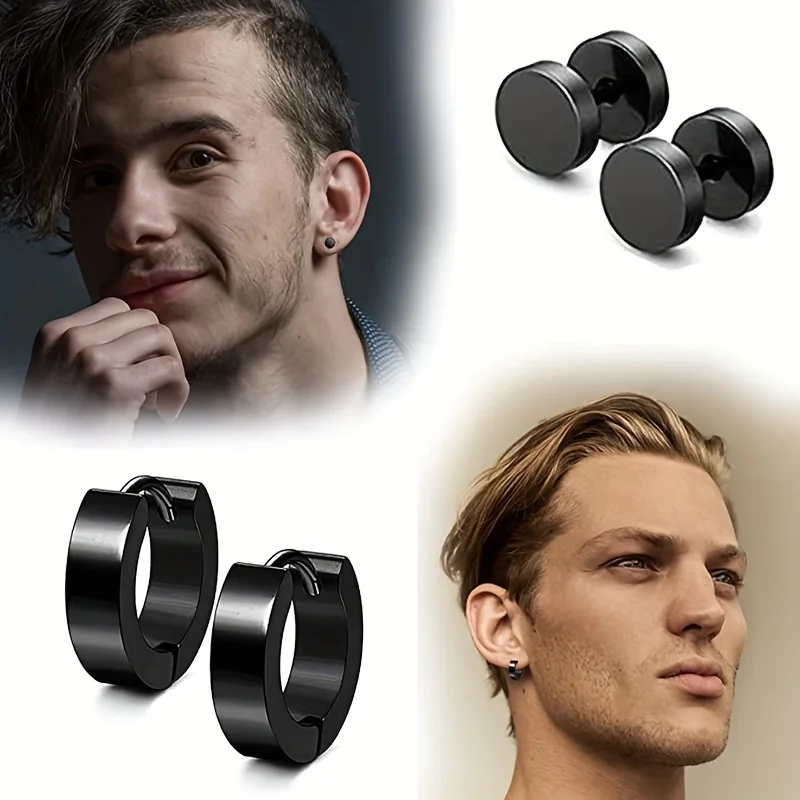 Metal Color: Pure Gold Color - 16pairs Stainless Steel Earrings For Men, CZ Black & Silvery Earrings Huggie Hoop Jewelry Earrings Set