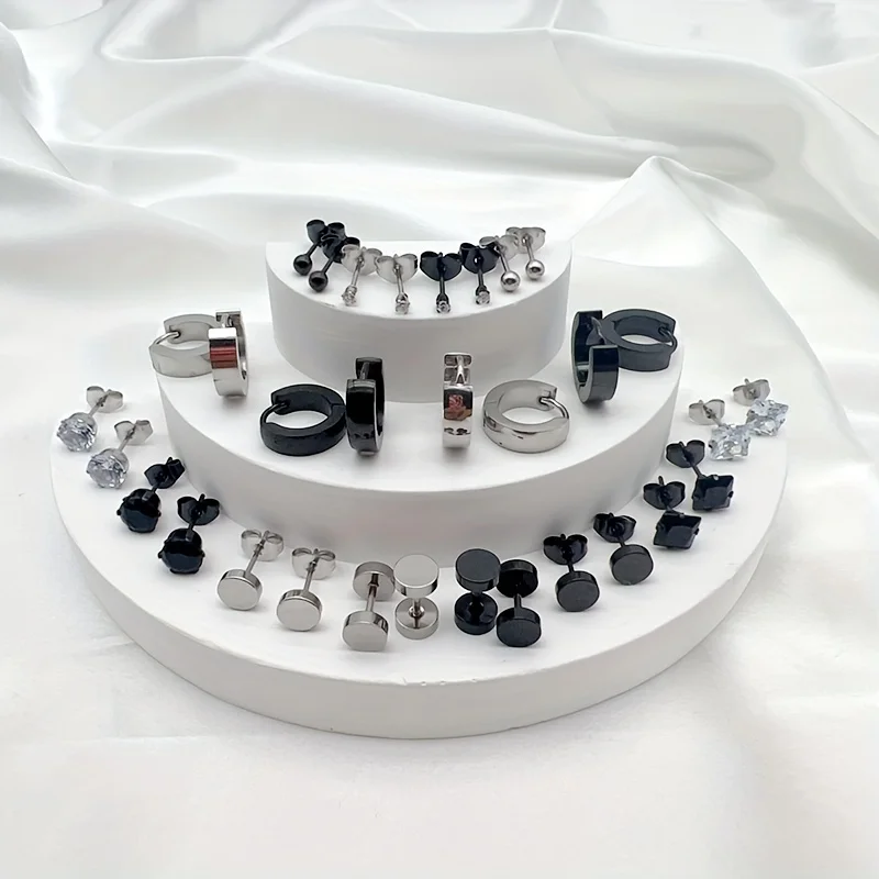 Metal Color: Pure Gold Color - 16pairs Stainless Steel Earrings For Men, CZ Black & Silvery Earrings Huggie Hoop Jewelry Earrings Set