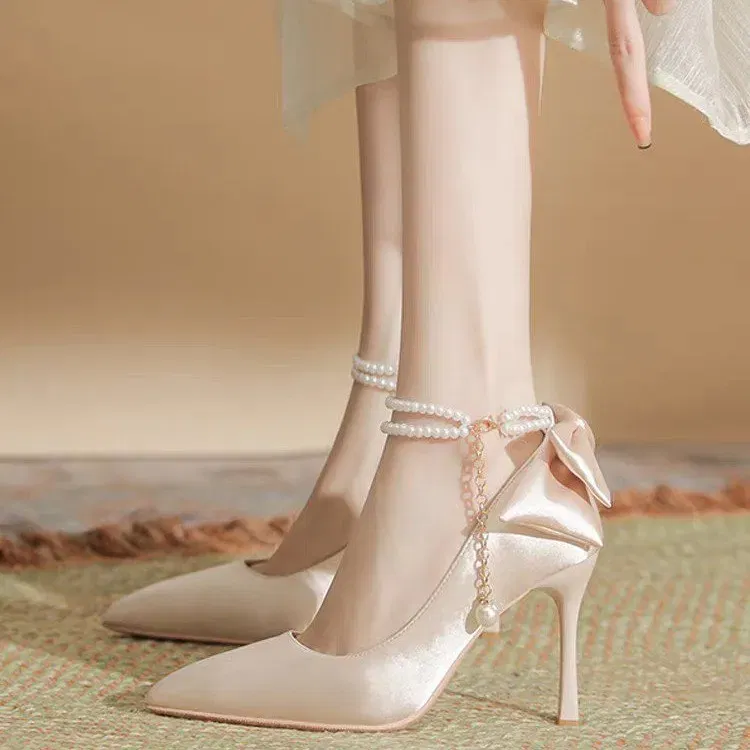 Color: Beige, Shoe Size: 36 - Size 35-40 Stiletto Heel Point Toe Pearls Buckle Belt 9cm High Heel Ladies Bow Satin Fabric White Wedding Shoes Women Pumps