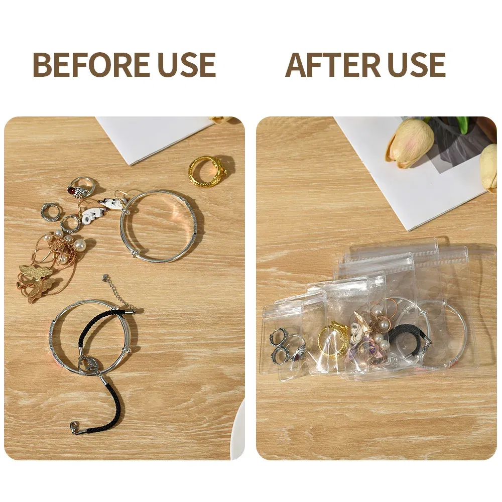 Size: L, Color: Brown - 100/10Pcs PVC Jewelry Package Bags Thicken Self Sealing Pouches Anti-Oxidation  Earring Necklace Clear Organizer Bag Reusable