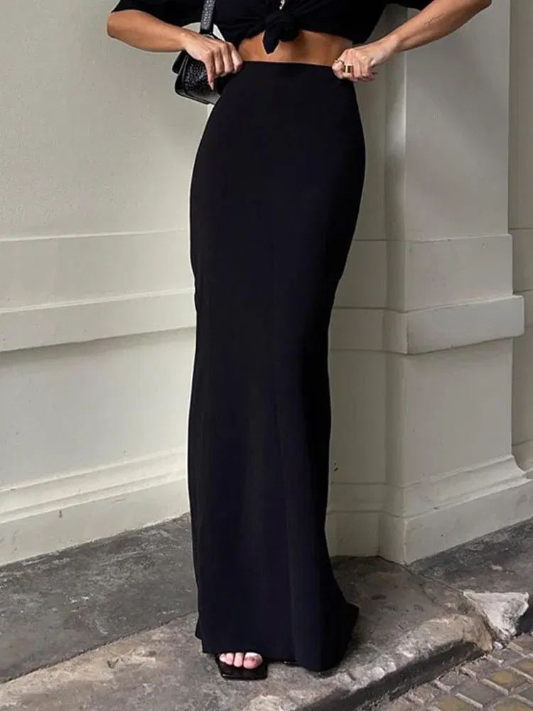 Color: black, Size: S - Fashion For Women Black Long Skirts High Waist Slim Seamless Elegant Ladies Gown Casual Summer 2024 New Female Maxi Skirts