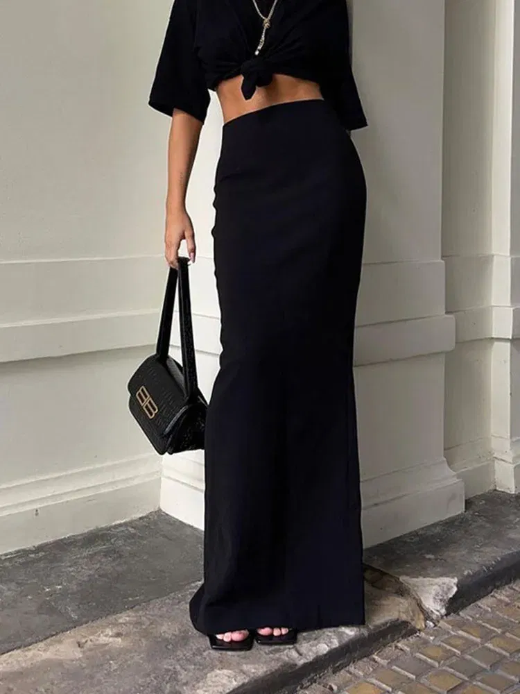 Color: black, Size: S - Fashion For Women Black Long Skirts High Waist Slim Seamless Elegant Ladies Gown Casual Summer 2024 New Female Maxi Skirts