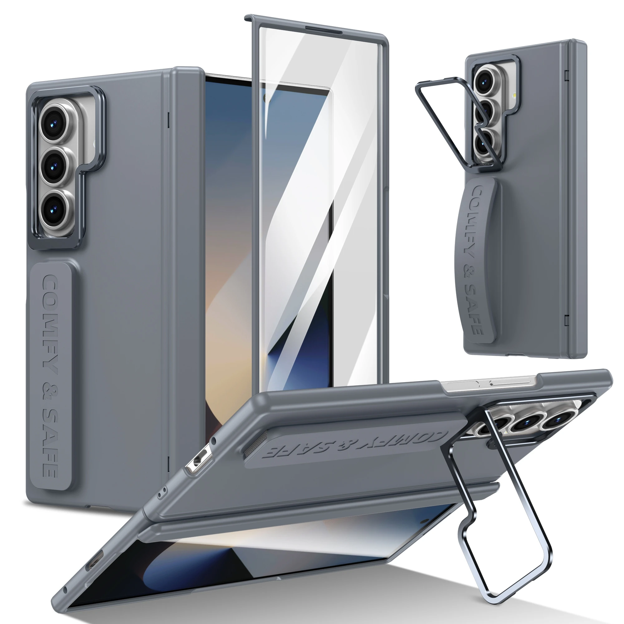 Color: SKY BLUE, Material: CANVAS - For Samsung Galaxy Z Fold 7 6 5 4 3 Wristband Hinge Lens Holder Phone Case Outer Screen Glass Film Protection Shockproof Cover